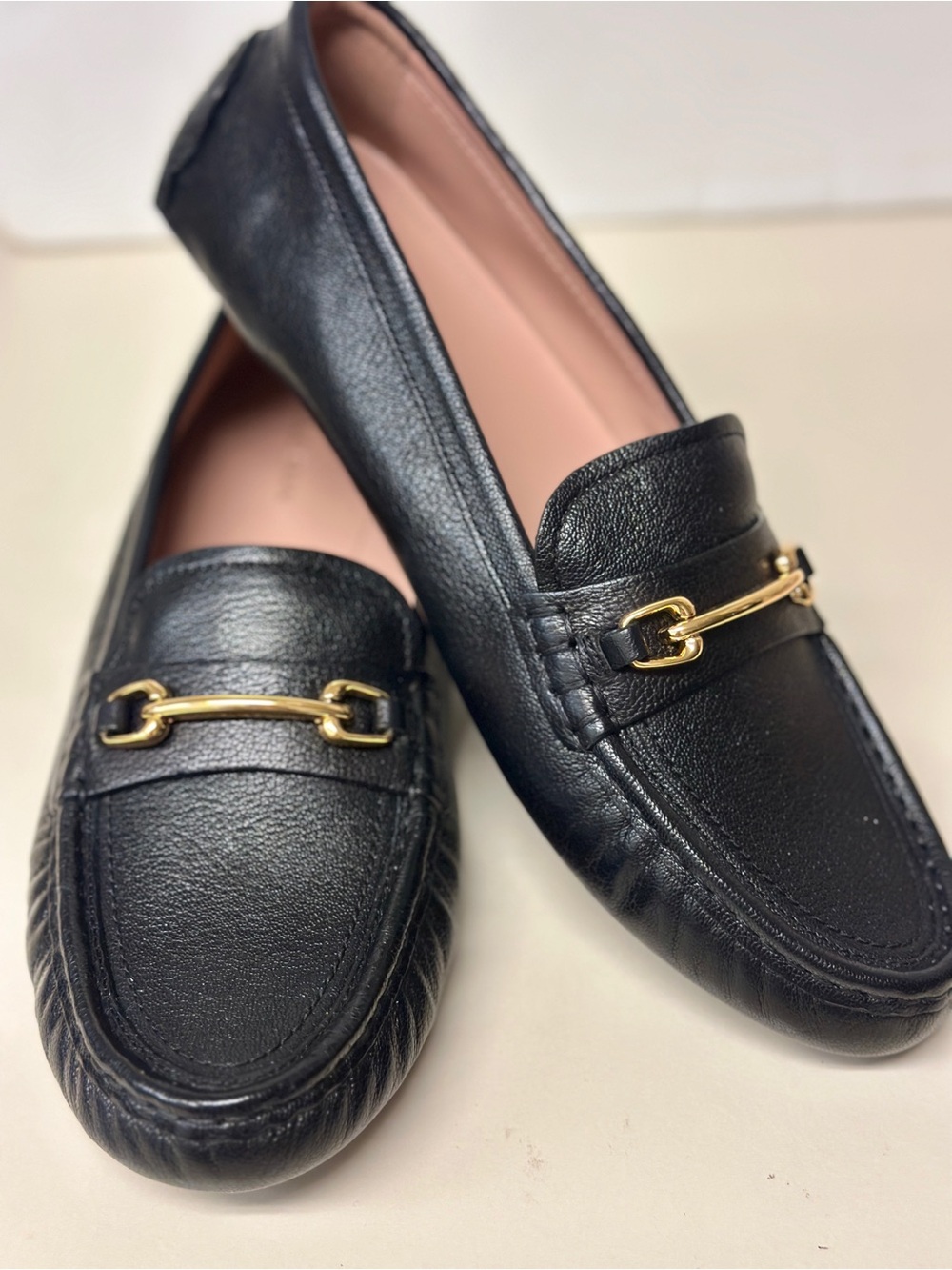 Cole Haan Black Leather Loafers with Gold Bit Accent. NWT